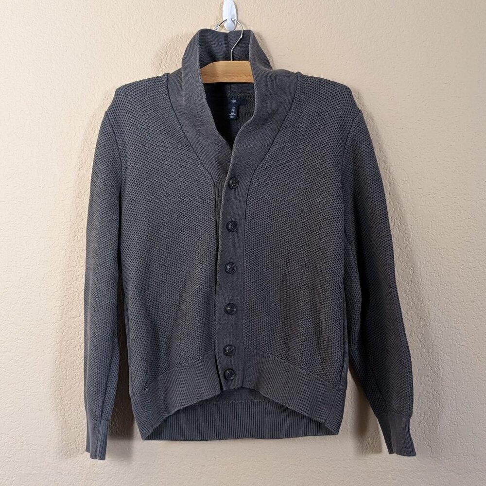 Gap Mens Cardigan Shawl Collar Chunky Waffle Ribbed Knit M Grey Grandpa